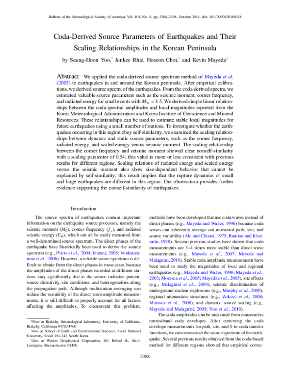 (PDF) Coda-Derived Source Parameters of Earthquakes and Their Scaling ...