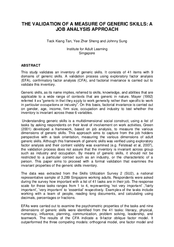 (PDF) The validation of a measure of generic skills: a job analysis ...