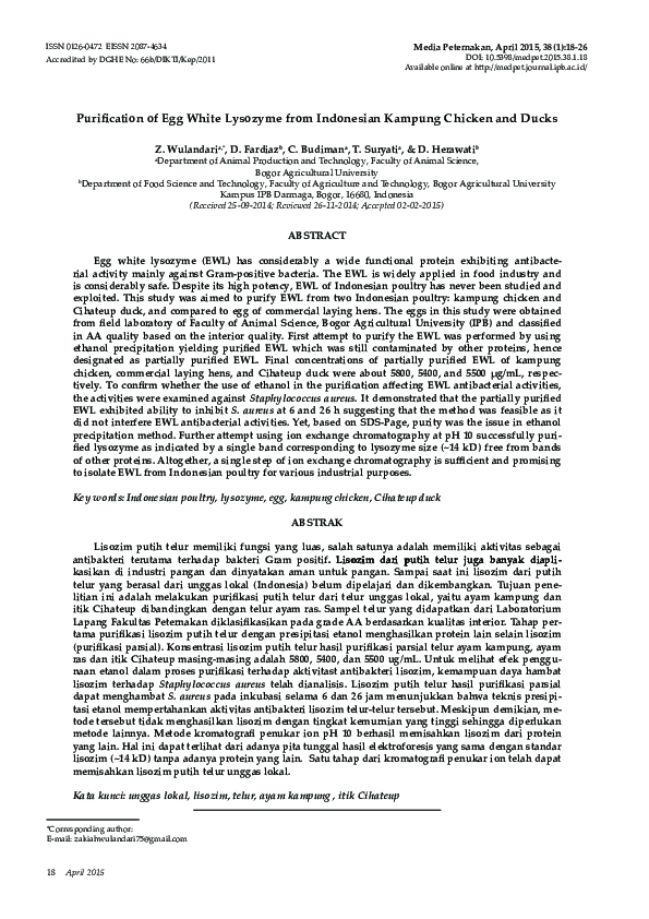 (PDF) Purification of Egg White Lysozyme from Indonesian Kampung ...