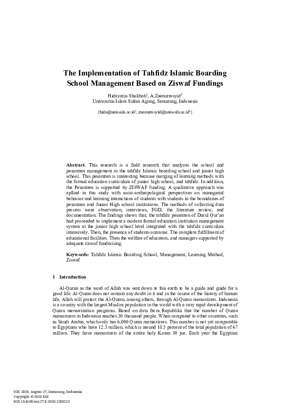 (PDF) The Implementation of Tahfidz Islamic Boarding School Management ...