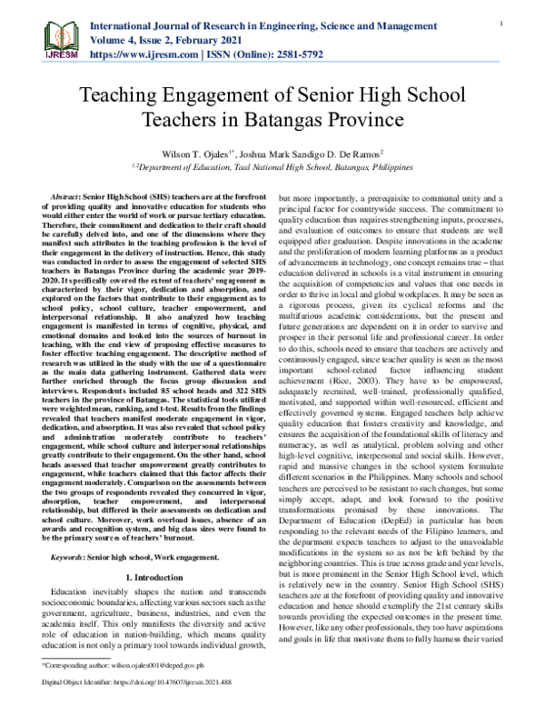 (PDF) Teaching Engagement of Senior High School Teachers in Batangas ...