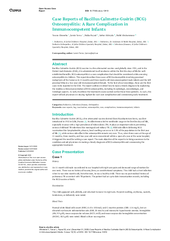 (PDF) BCG Osteomyelitis in Immunocompetent Infants: Case Reports