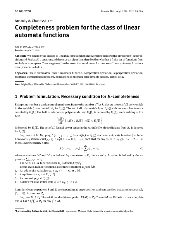 (PDF) Completeness problem for the class of linear automata functions