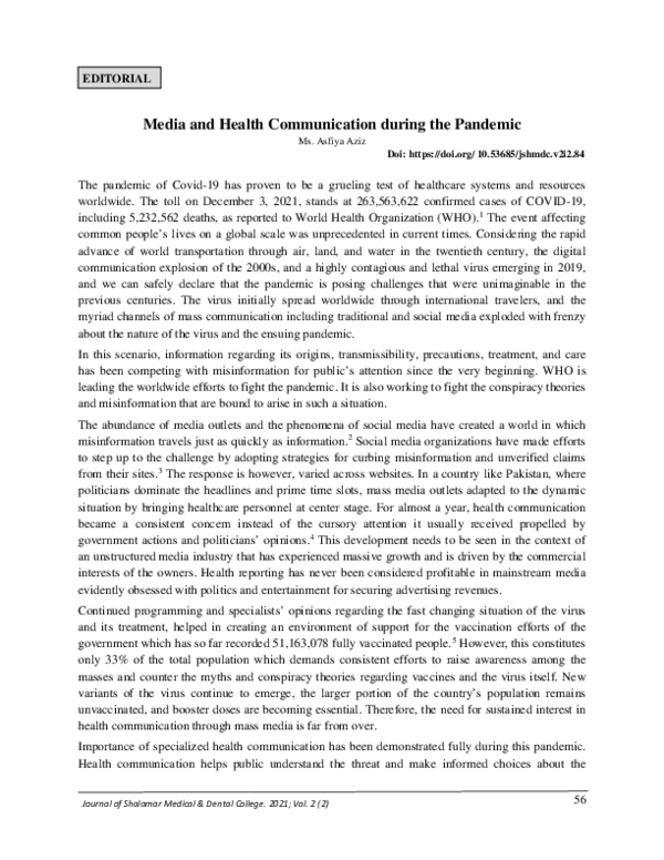 (PDF) Mass Media and Health Communication During the Pandemic