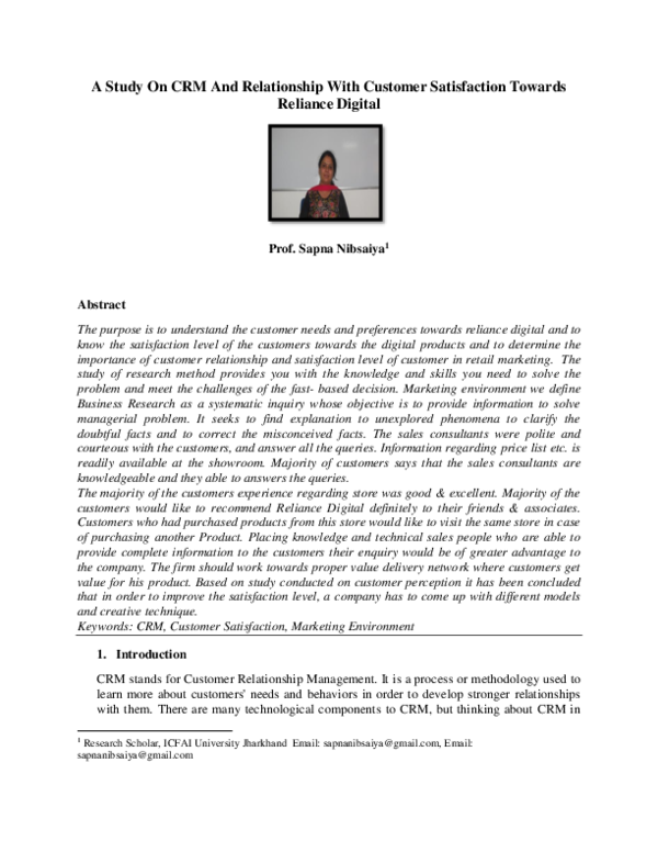 (PDF) A Study On CRM And Relationship With Customer Satisfaction ...