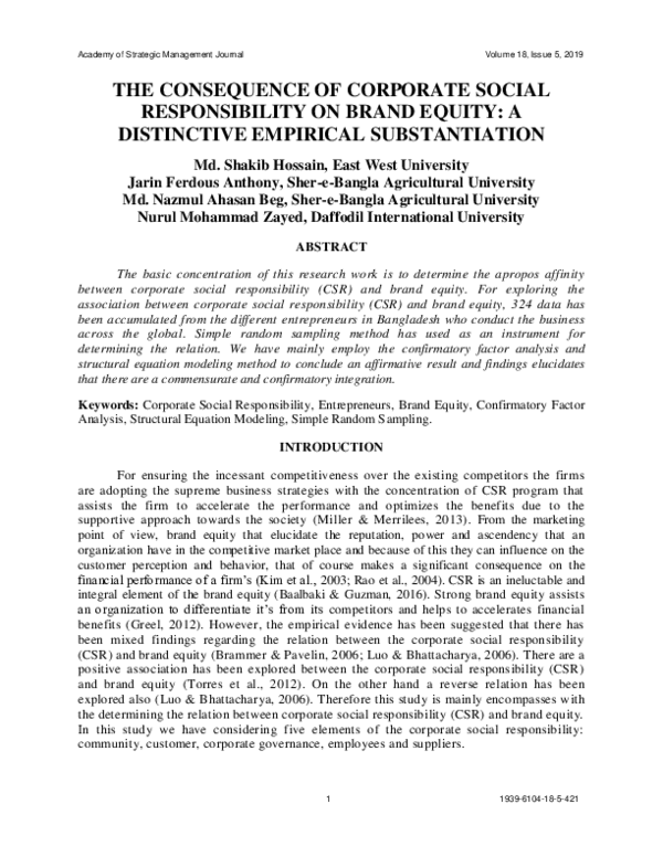 (PDF) The Consequence of Corporate Social Responsibility on Brand ...