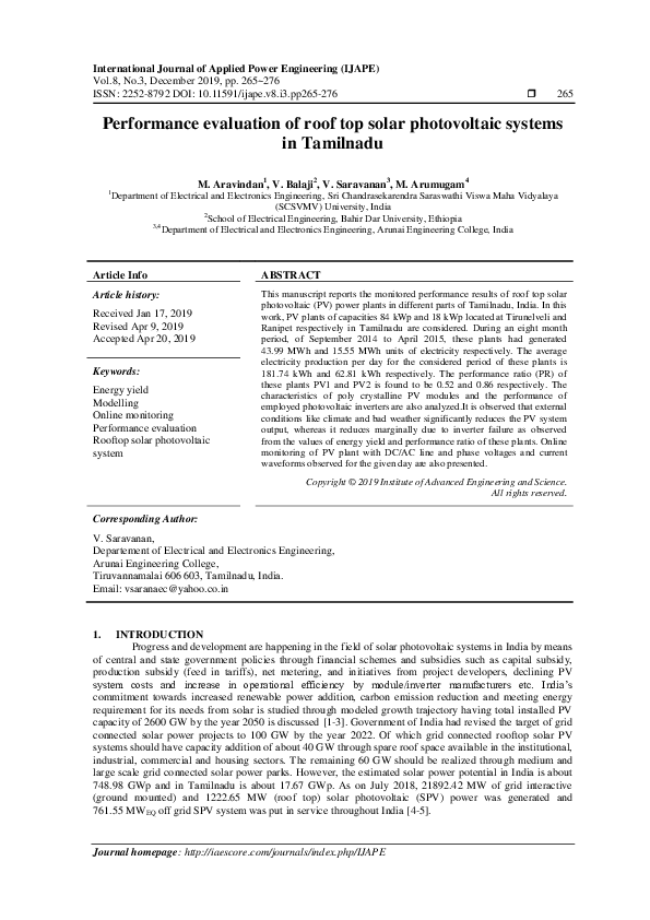(PDF) Performance evaluation of roof top solar photovoltaic systems in ...