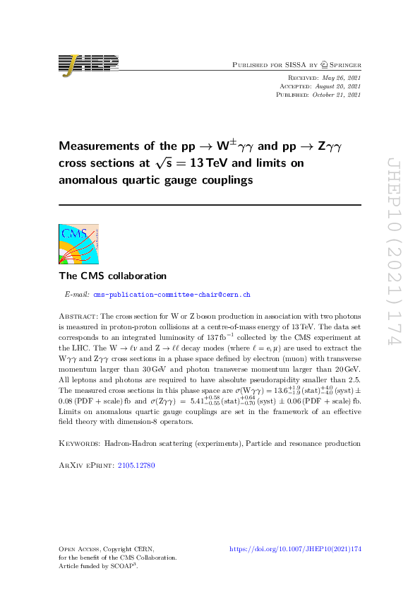 (PDF) Measurements of the pp → W±γγ and pp → Zγγ cross sections at ...