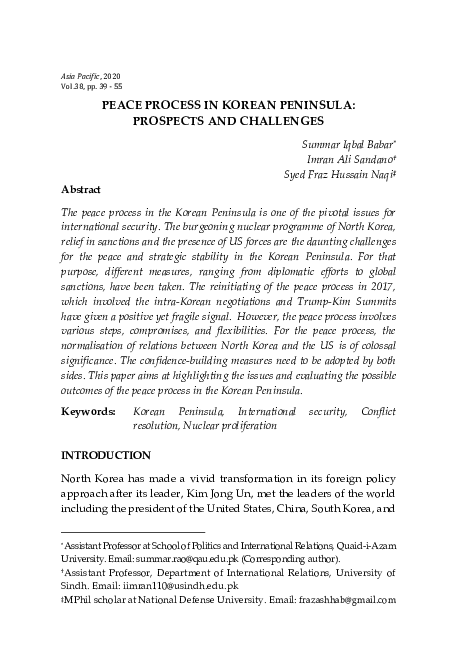 (PDF) PEACE PROCESS IN KOREAN PENINSULA: PROSPECTS AND CHALLENGES