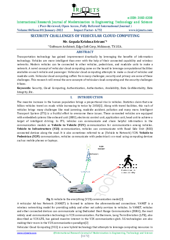(PDF) SECURITY CHALLENGES OF VEHICULAR CLOUD COMPUTING