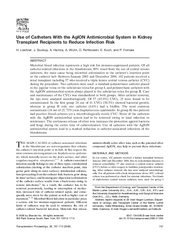 (PDF) Use of Catheters With the AgION Antimicrobial System in Kidney