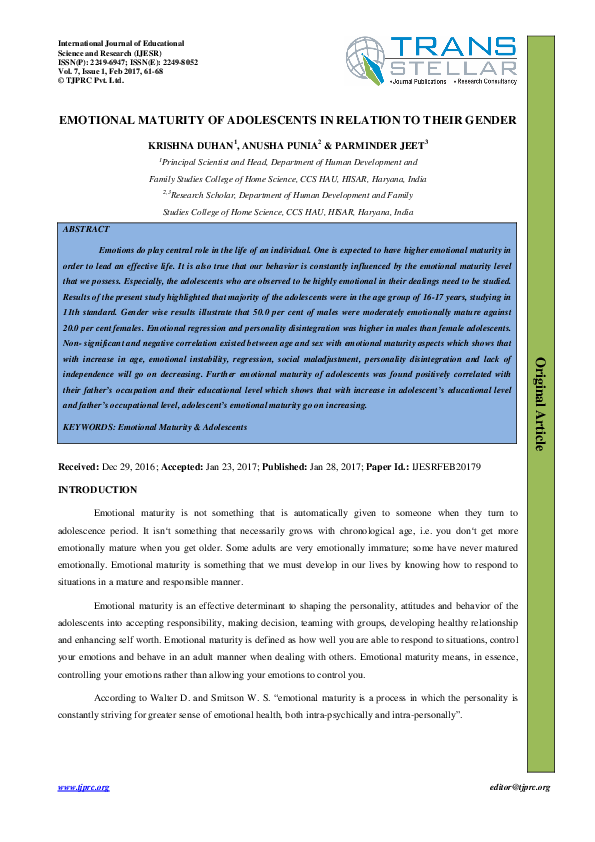 (PDF) Emotional Maturity of Adolescents in Relation to TH Eir Gender
