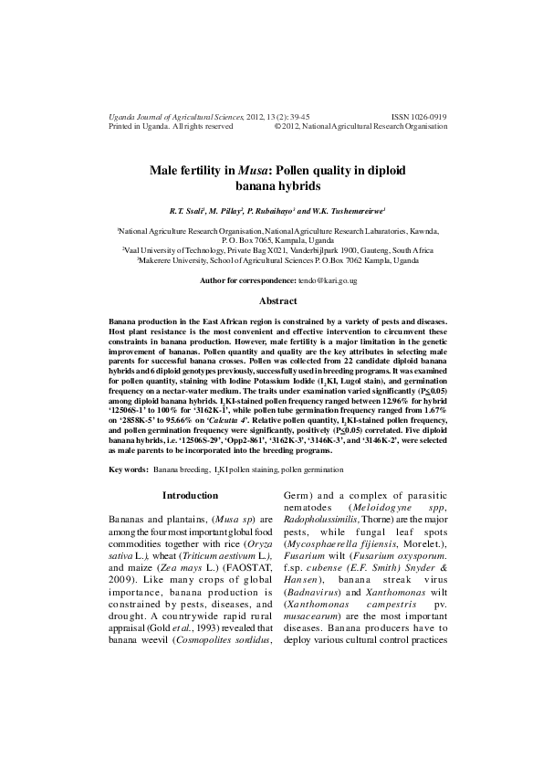 (PDF) Male fertility in Musa : Pollen quality in diploid banana hybrids