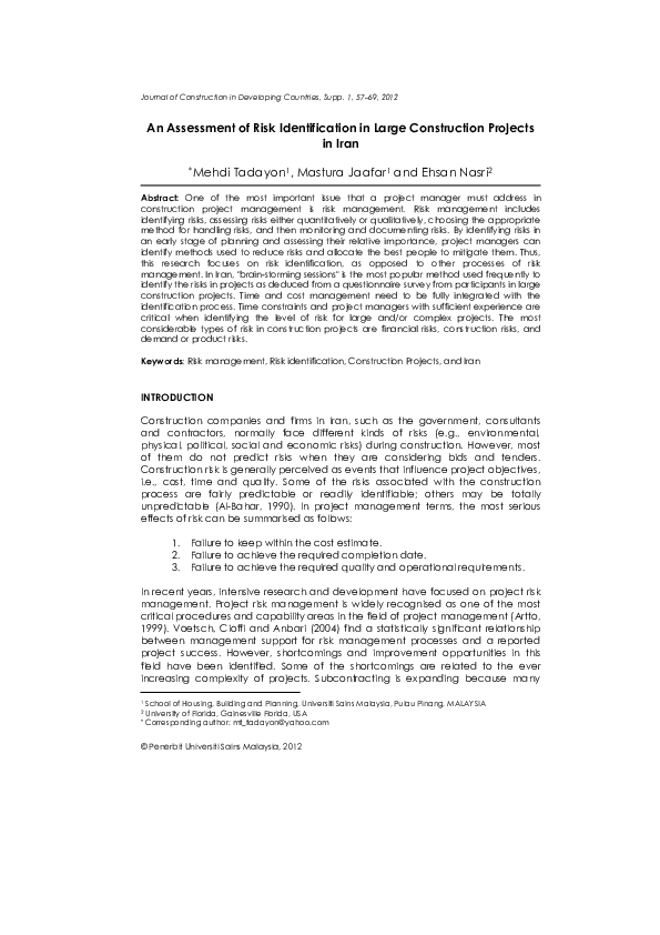 (PDF) An Assessment of Risk Identification in Large Construction ...