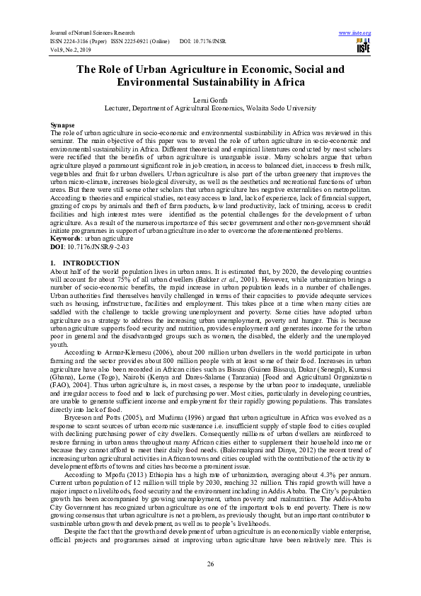 (PDF) The Role of Urban Agriculture in Economic, Social and ...