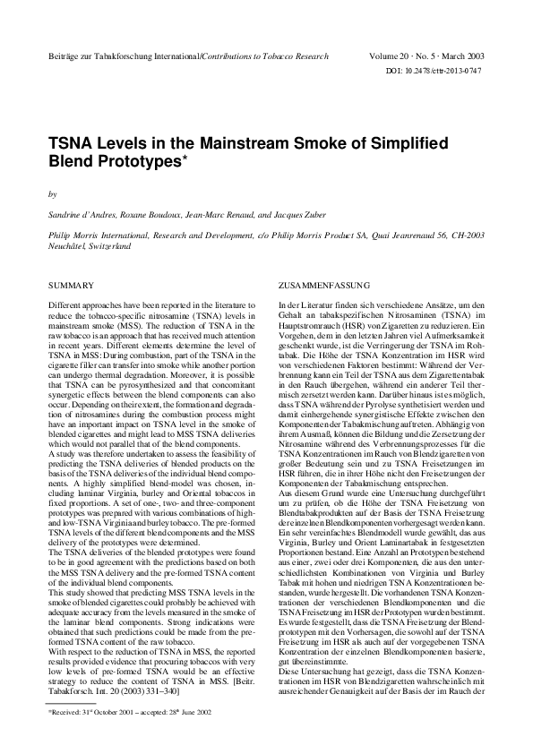 (PDF) TSNA levels in the mainstream smoke of simplified blend prototypes