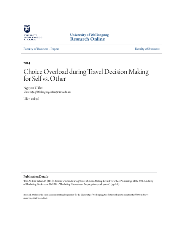 (PDF) Choice Overload during Travel Decision Making for Self vs. Other