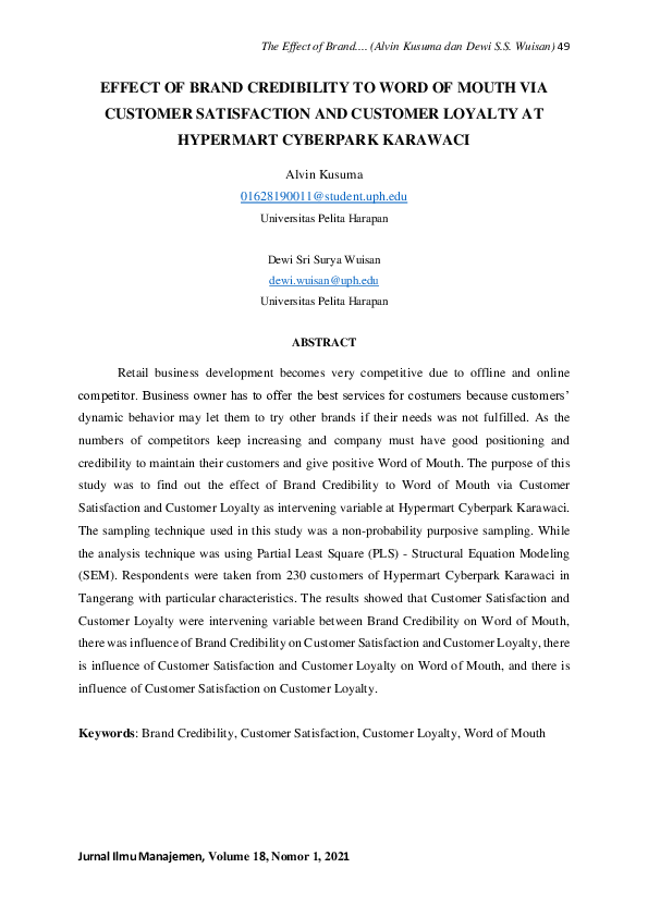 (PDF) Effect of Brand Credibility to Word of Mouth via Customer ...