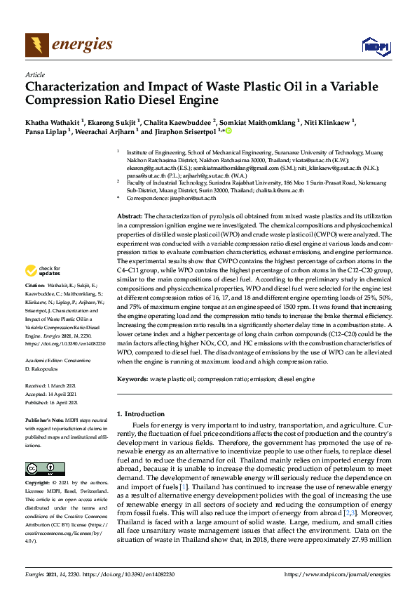 (PDF) Characterization and Impact of Waste Plastic Oil in a Variable ...