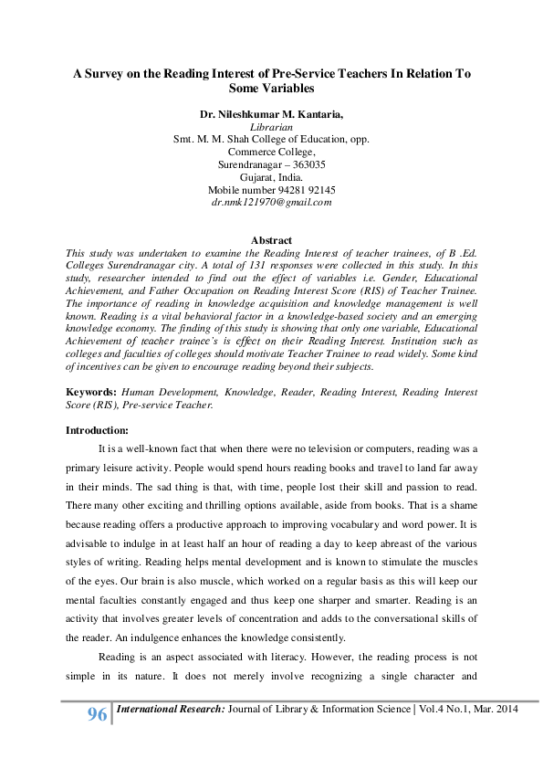 (PDF) A Survey on the Reading Interest of Pre-Service Teachers In ...