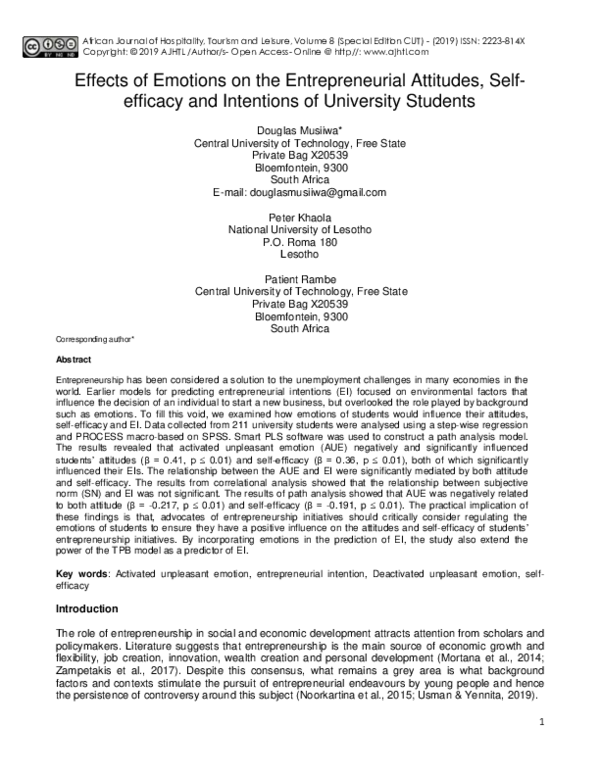 (PDF) Effects of Emotions on the Entrepreneurial Attitudes , Self ...
