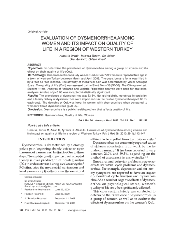(PDF) Evaluation of Dysmenorrhea Among Women and Its Impact on Quality ...
