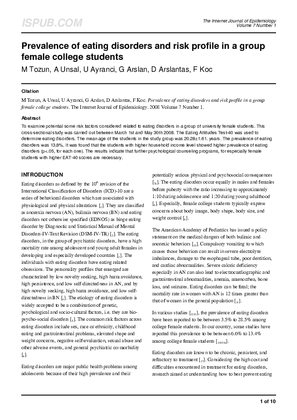 (PDF) Prevalence of eating disorders and risk profile in a group female ...