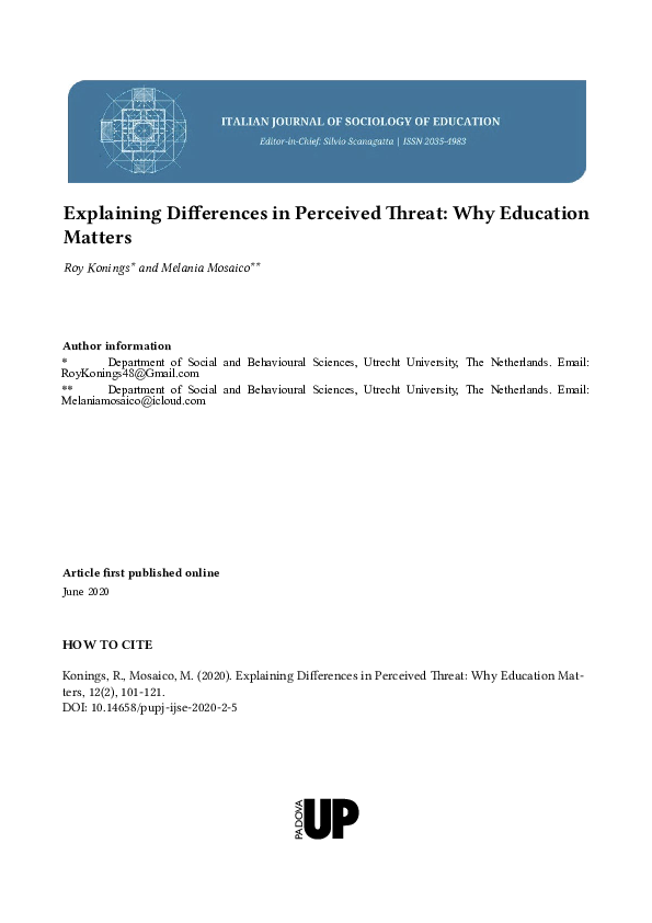 (PDF) Explaining Differences in Perceived Threat: Why Education Matters