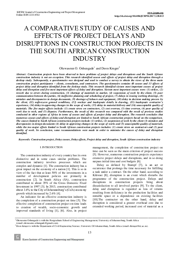 (PDF) A Comparative Study of Causes and Effects of Project Delays and