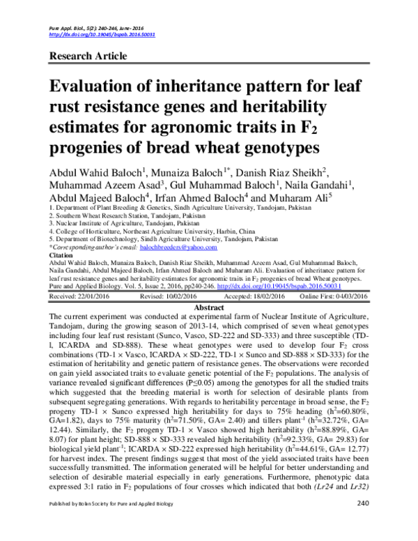 (PDF) Evaluation of inheritance pattern for leaf rust resistance genes ...