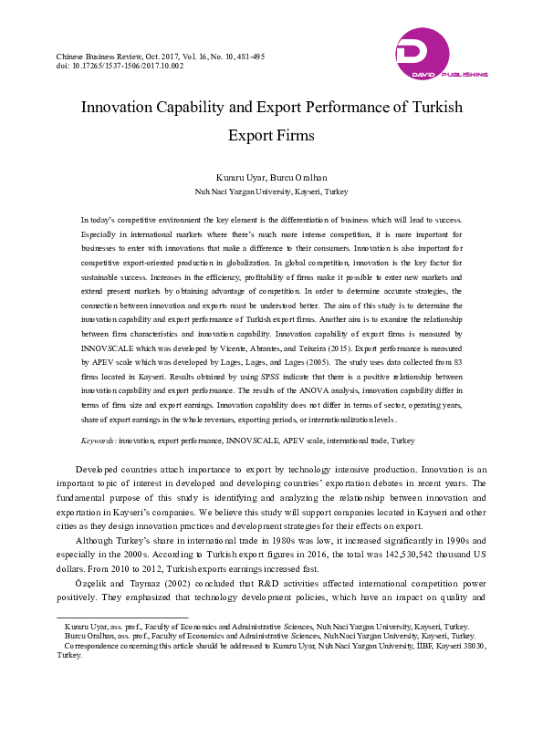 (PDF) Innovation Capability and Export Performance of Turkish Export Firms