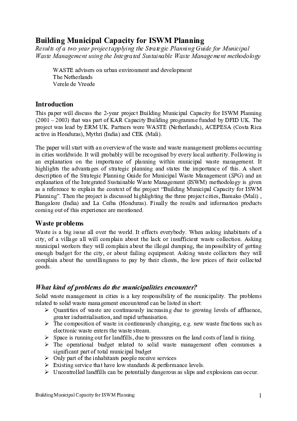 (PDF) Building Municipal Capacity for ISWM Planning Results of a two ...