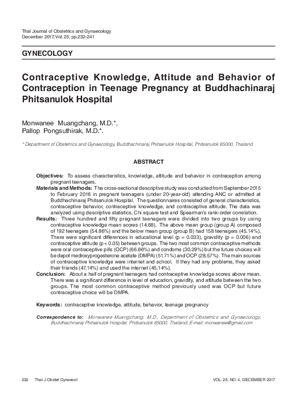 (PDF) Contraceptive Knowledge, Attitude and Behavior of Contraception ...
