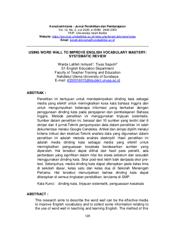 (PDF) Using Word Wall to Improve English Vocabulary Mastery: Systematic ...