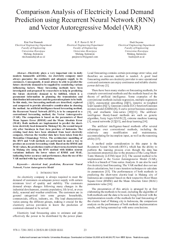(PDF) Comparison Analysis of Electricity Load Demand Prediction using ...