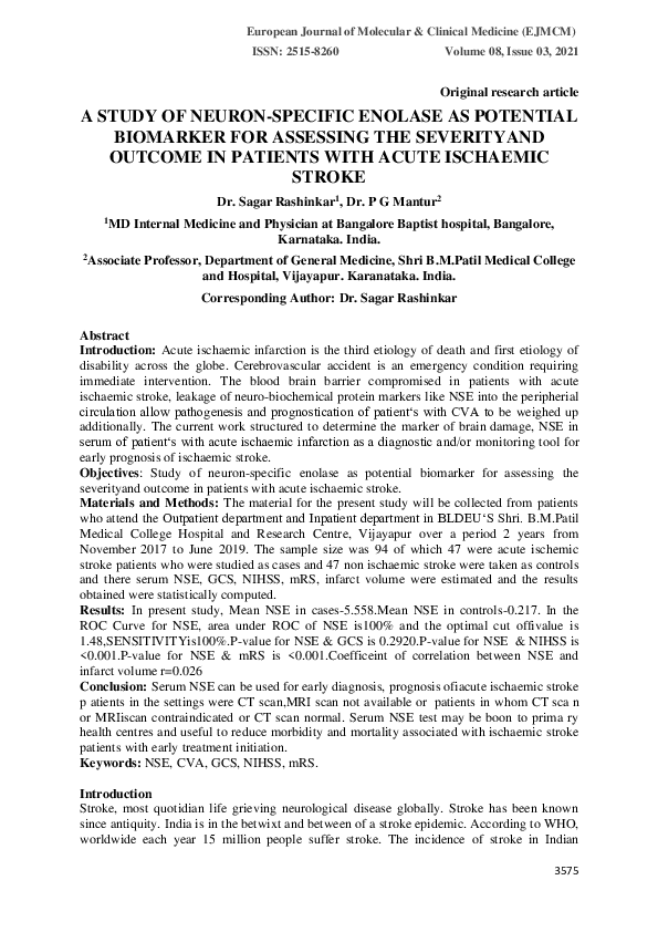 (PDF) A Study of Neuron-Specific Enolase as Potential Biomarker for ...