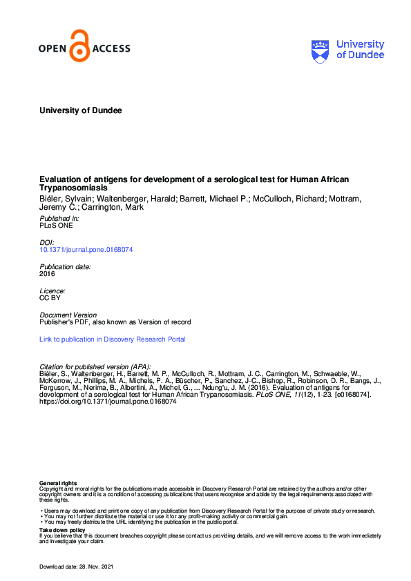 (PDF) University of Dundee Evaluation of antigens for development of a ...