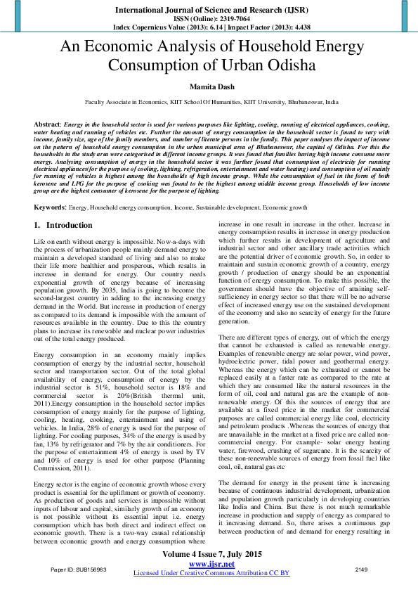 (PDF) An Economic Analysis of Household Energy Consumption of Urban Odisha