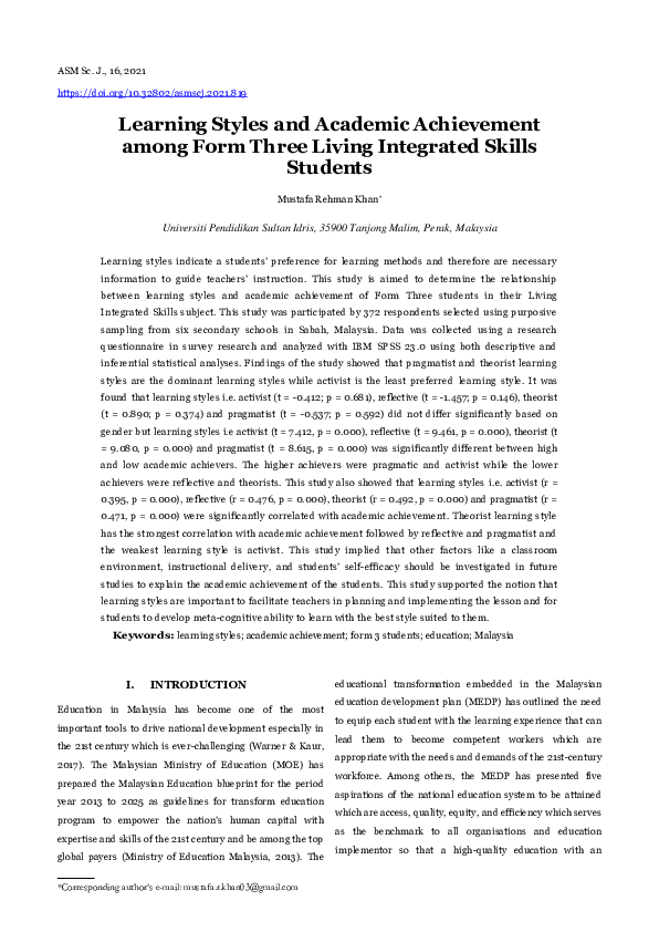 (PDF) Learning Styles and Academic Achievement among Form Three Living ...