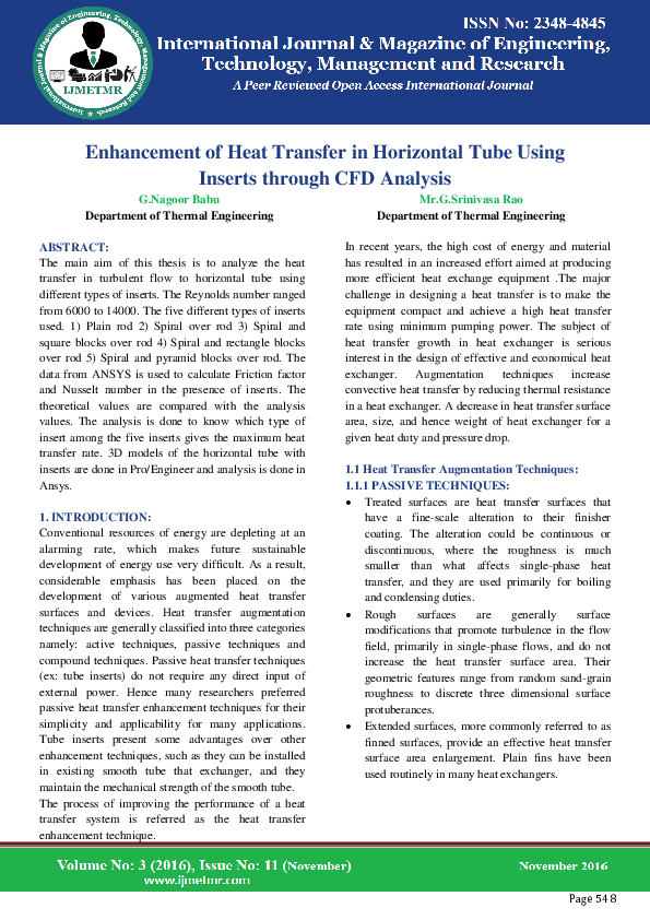 (PDF) Enhancement of Heat Transfer in Horizontal Tube Using Inserts ...