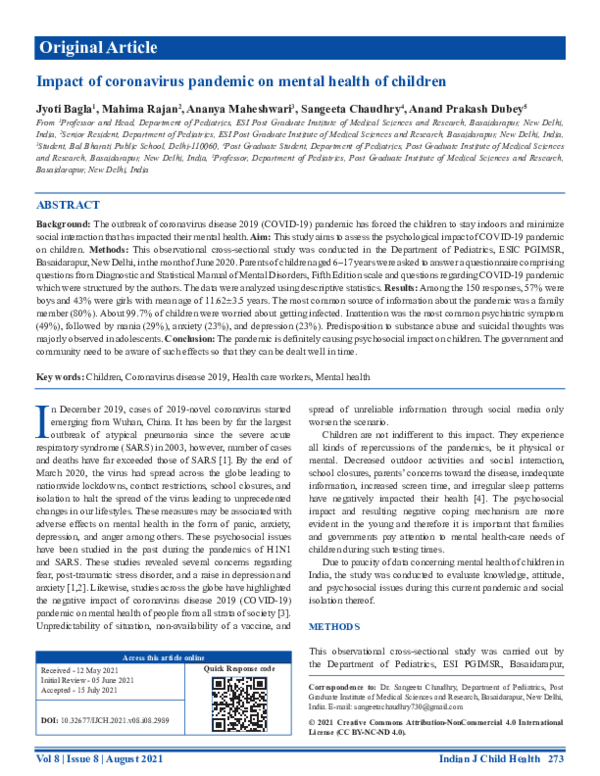 (PDF) Impact of coronavirus pandemic on mental health of children