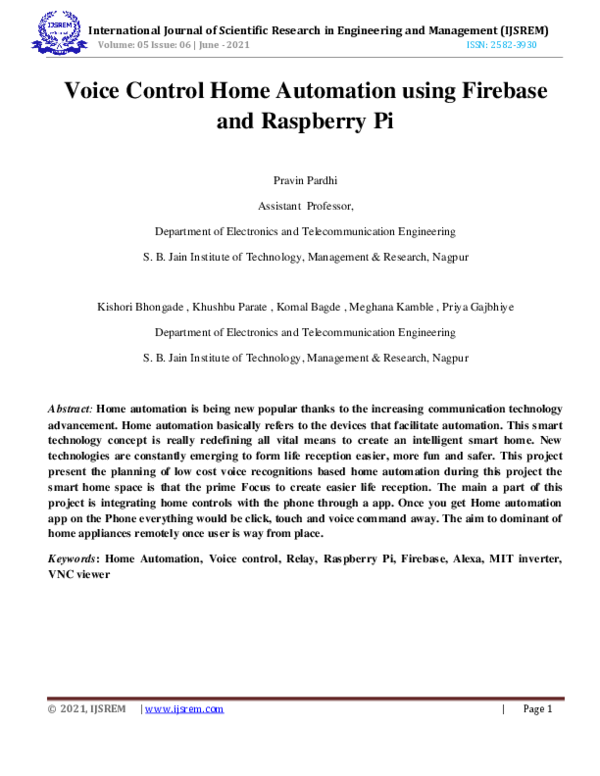 (PDF) Voice Control Home Automation using Firebase and Raspberry Pi