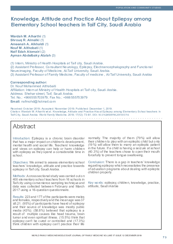 (PDF) Knowledge, Attitude and Practice about Epilepsy among Elementary ...