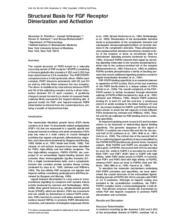 (PDF) Structural Basis for FGF Receptor Dimerization and Activation