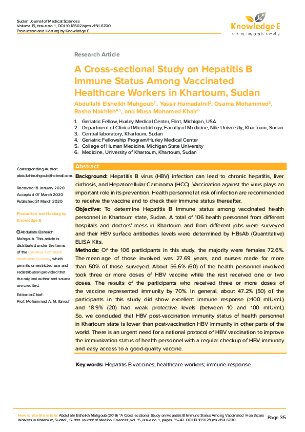(PDF) A Cross-sectional Study on Hepatitis B Immune Status among ...