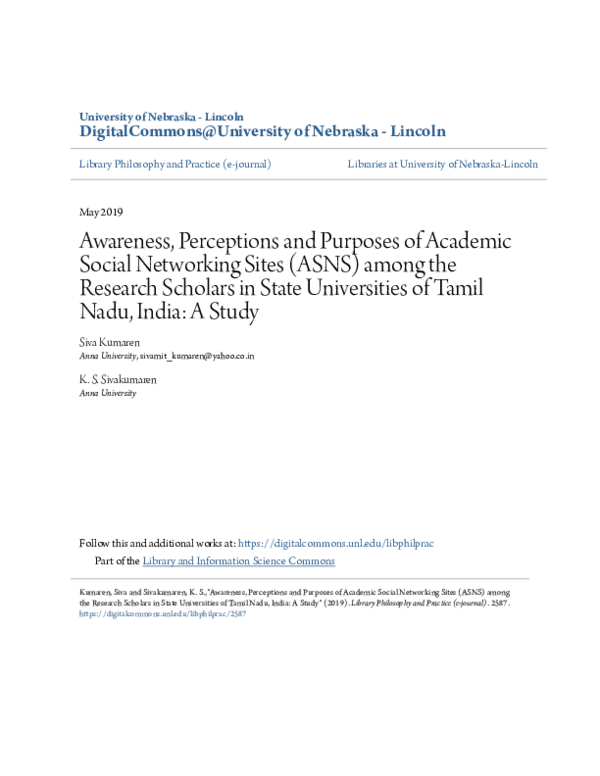 (PDF) Awareness, Perceptions and Purposes of Academic Social Networking ...
