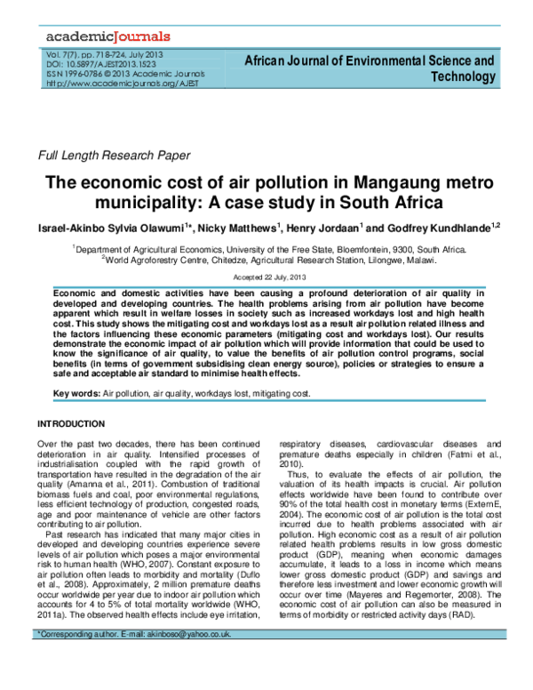 (PDF) The economic cost of air pollution in Mangaung metro municipality ...