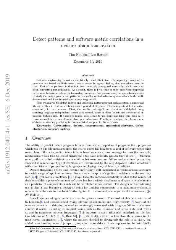(PDF) Defect patterns and software metric correlations in a mature ...