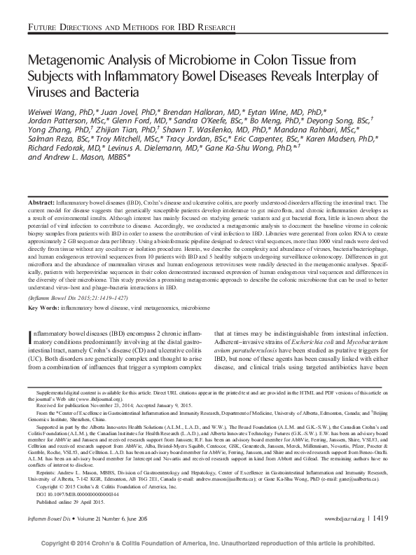 (PDF) Metagenomic Analysis of Microbiome in Colon Tissue from Subjects ...