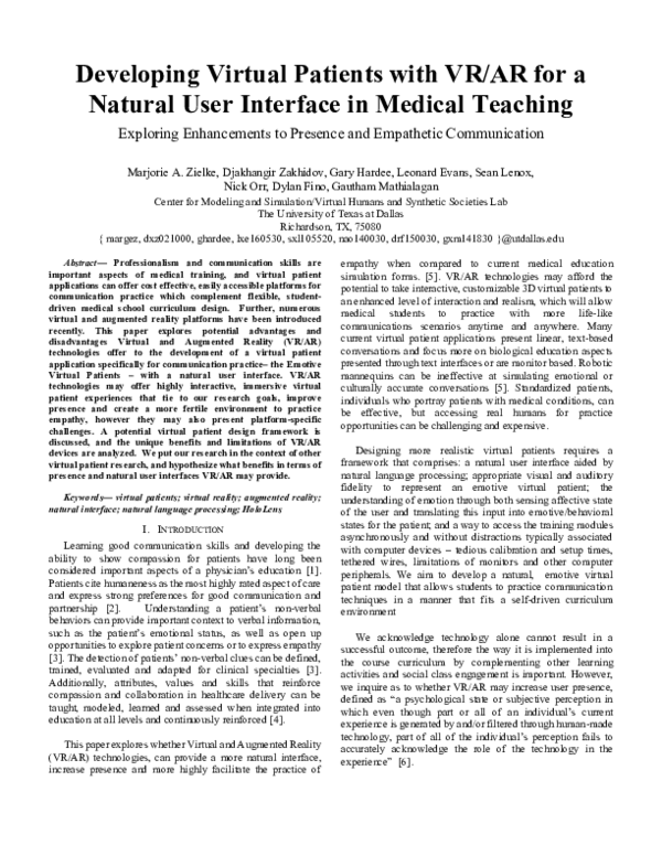 (PDF) Developing Virtual Patients with VR/AR for a natural user ...